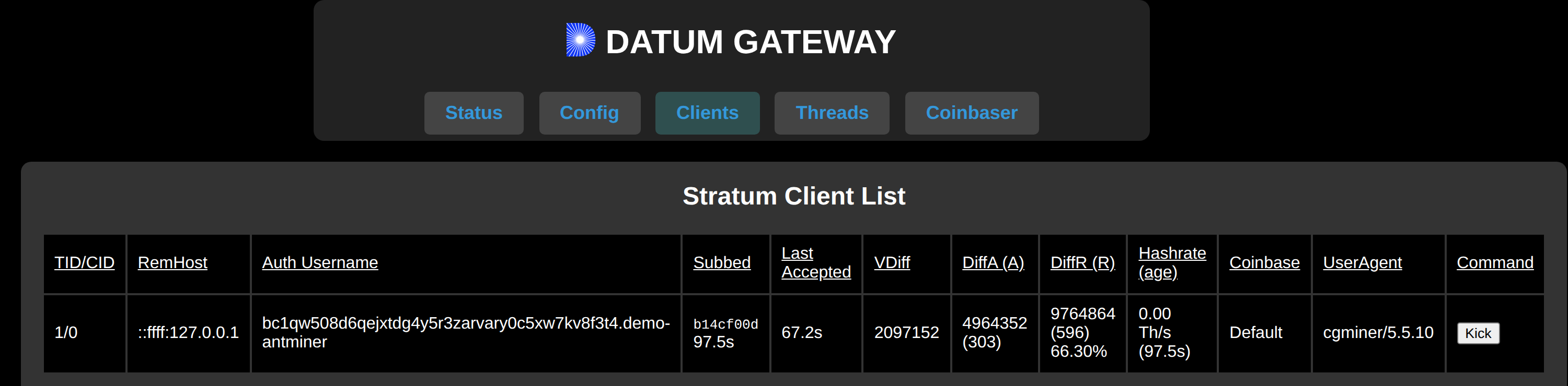 Your DATUM Gateway's Clients tab, showing a connected miner and its accepted/rejected share counts.