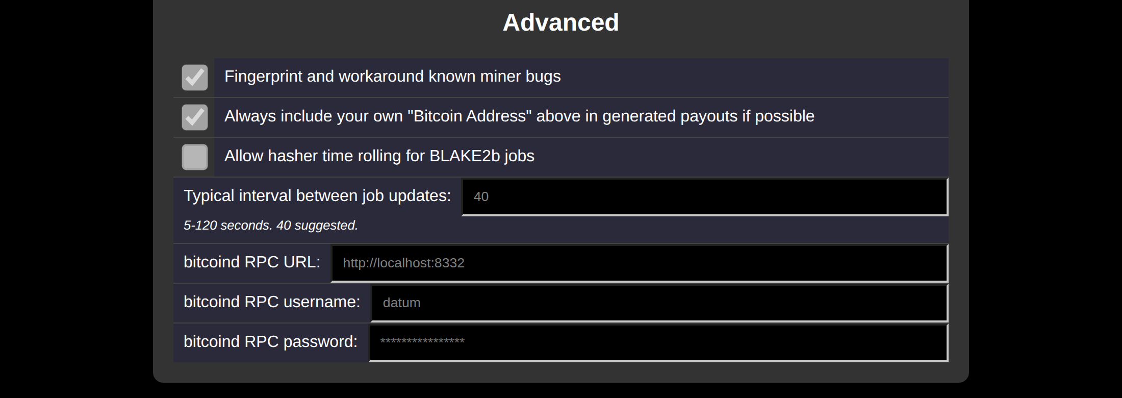 The Advanced section, where your node's RPC connection is configured.