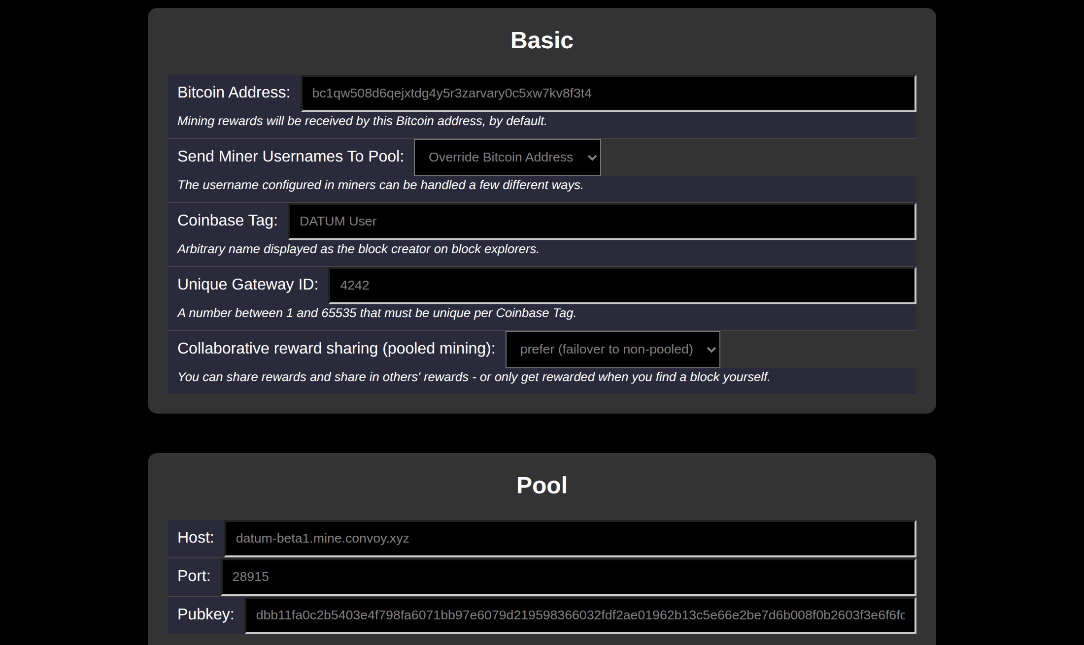 The DATUM Gateway's Config tab, showing your Bitcoin address, coinbase tag, and DATUM pool connection.