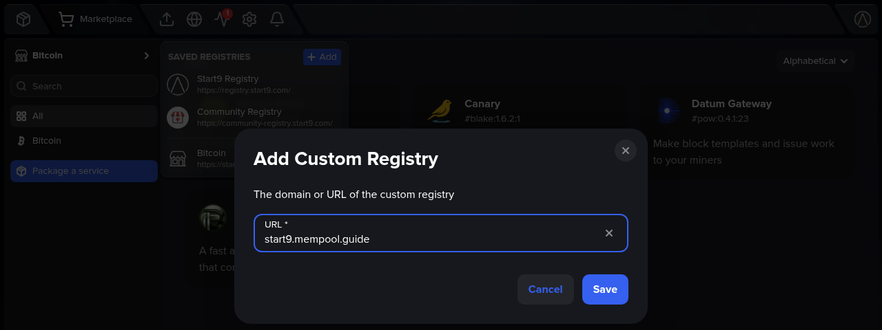 Adding the mempool.guide registry by URL.