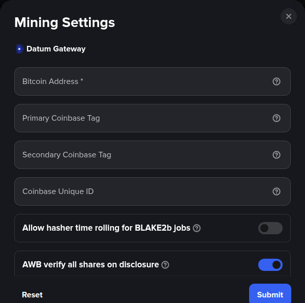 Mining Settings: enter your Bitcoin address here. Everything else can be left as-is.