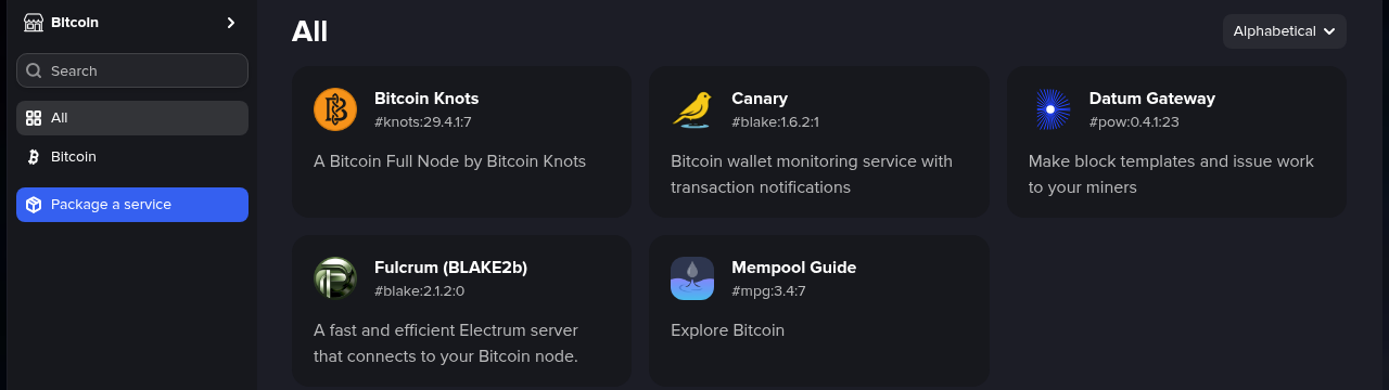 The mempool.guide registry: Bitcoin Knots and Datum Gateway (#pow) alongside a few other BLAKE2b-aware packages.